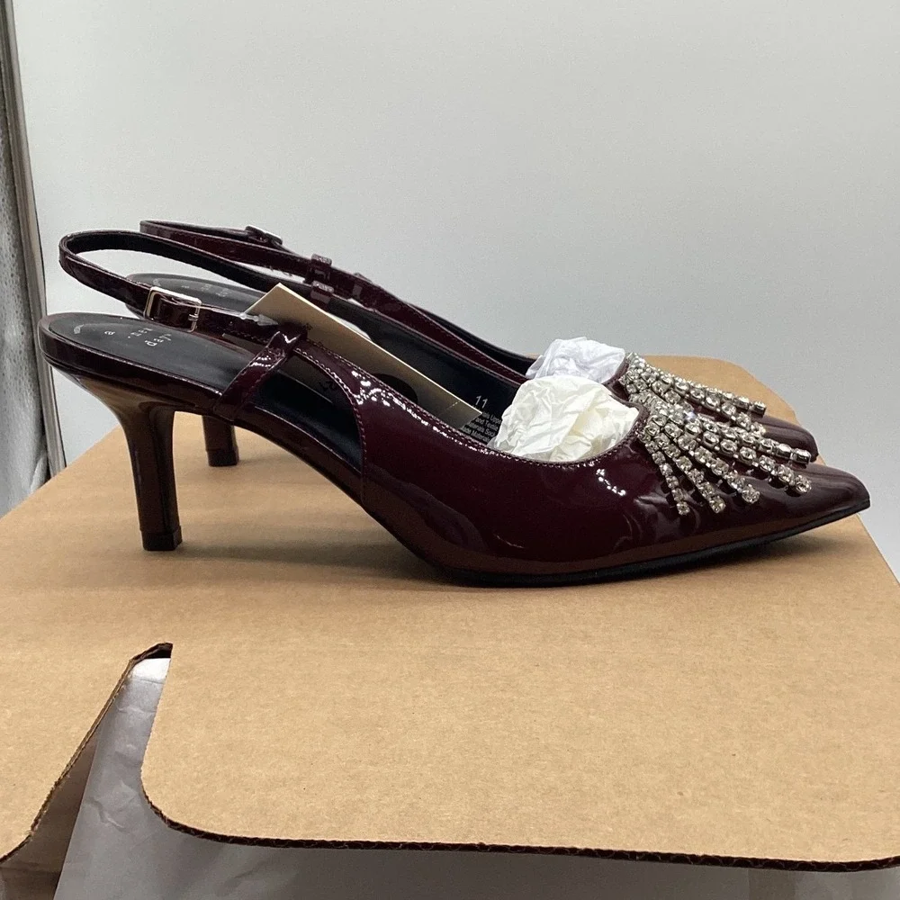 A New Day Womens Burgundy Patent Rhinestone‎ Slingback Kitten Heel Pumps Size 11